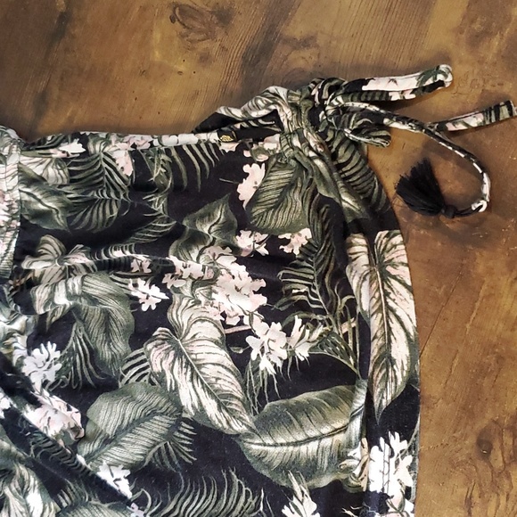 Tropical floral romper with tassles pink flower palm fronds and ferns - Picture 13 of 15